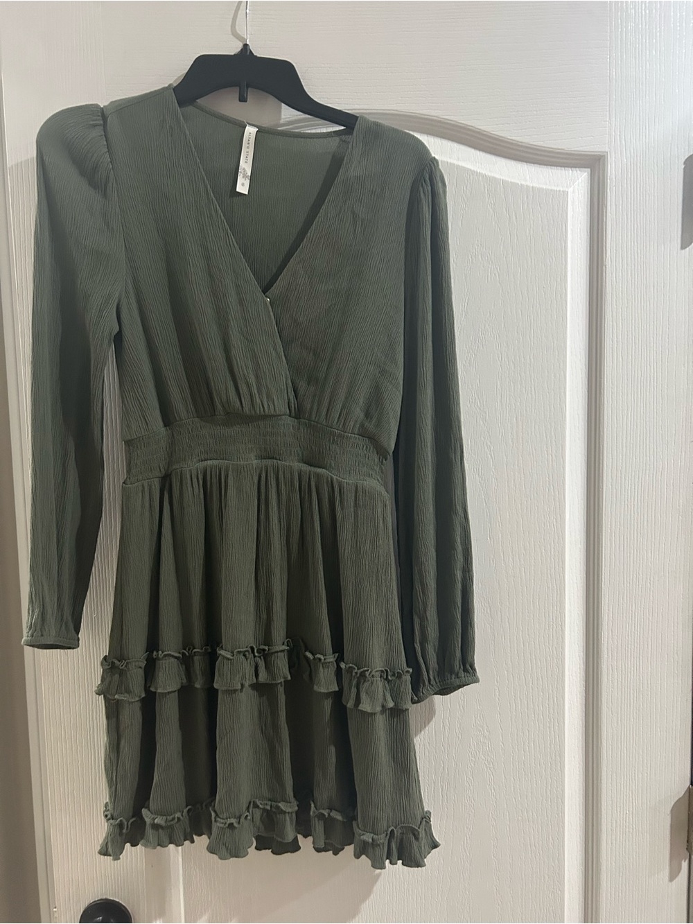 Altar'd State Olive Green Long Sleeve Tiered Mini Dress